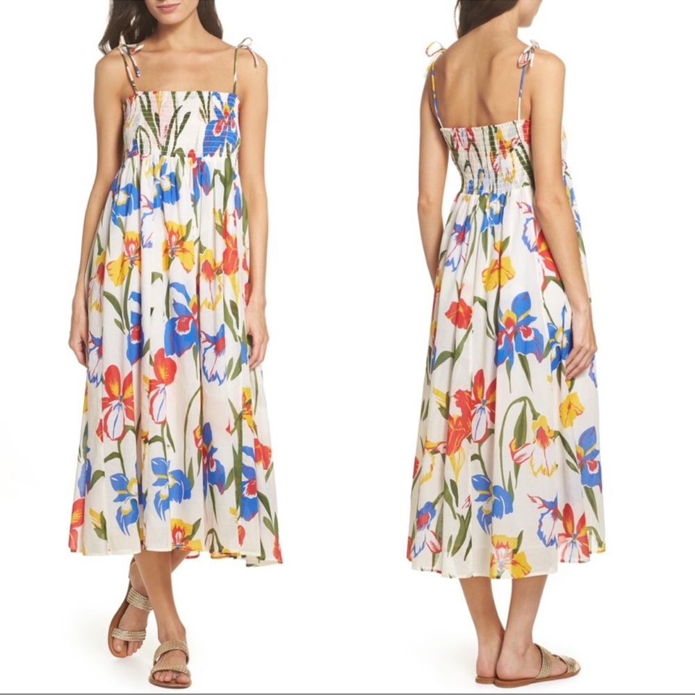 Tory Burch Iris Smocked Floral Midi Dress White Red Blue Size Large Fit & Flare